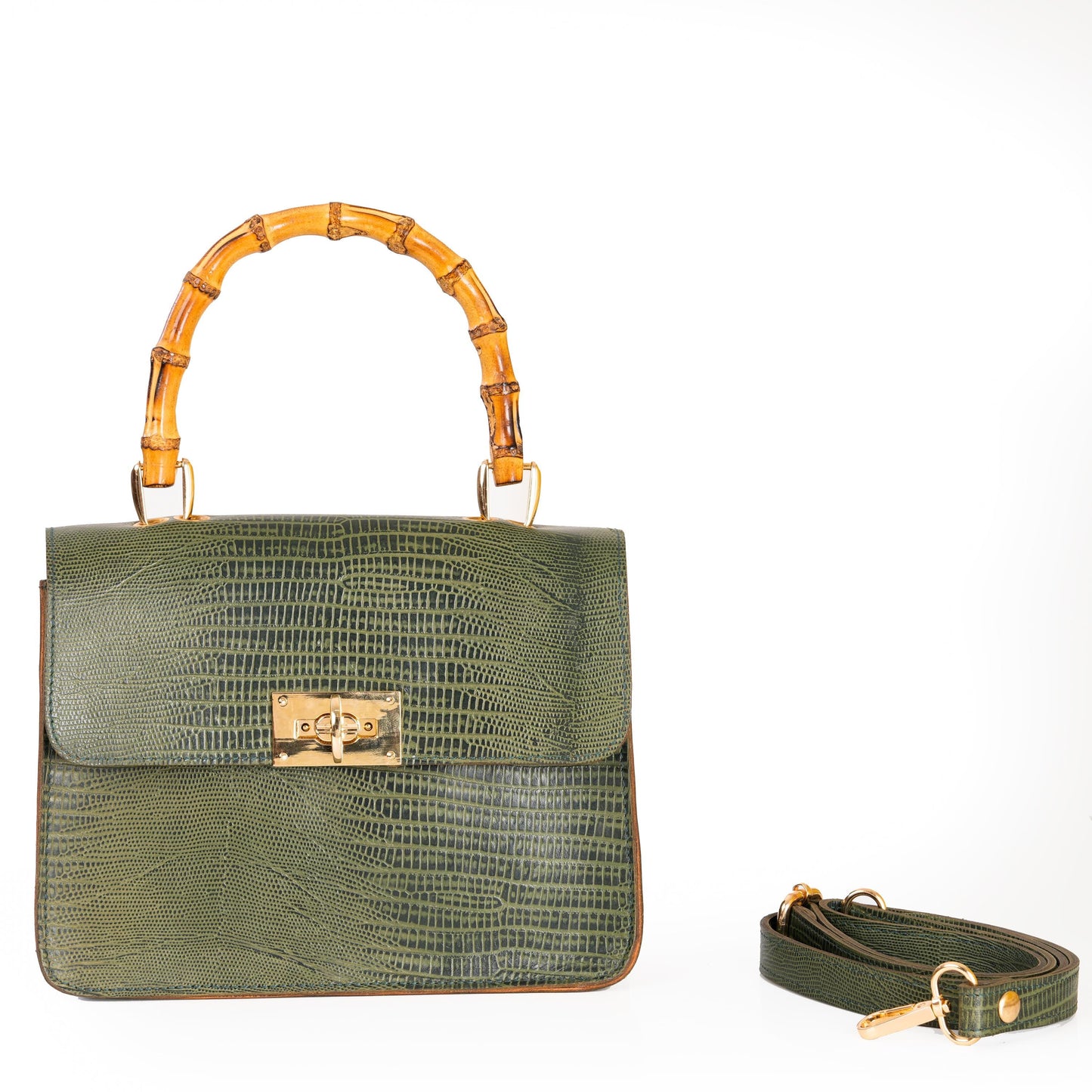 Luxury Leather Handbag Womens Leather Crossbody Bag Full Grain cowhide Purse Green Crocodile Pattern handmade leather bag with Bamboo Handle