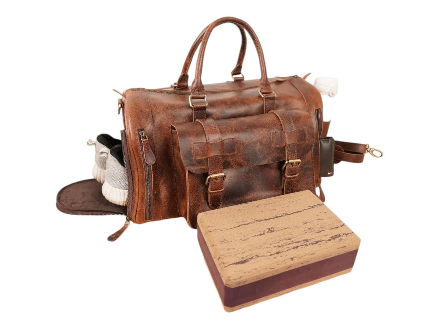 Groomsmen Leather Duffle Bag Personalized Weekender Bag Travel Bag Valentines Gift for Husband Duffle Bag with Shoe & Yoga block Compartment