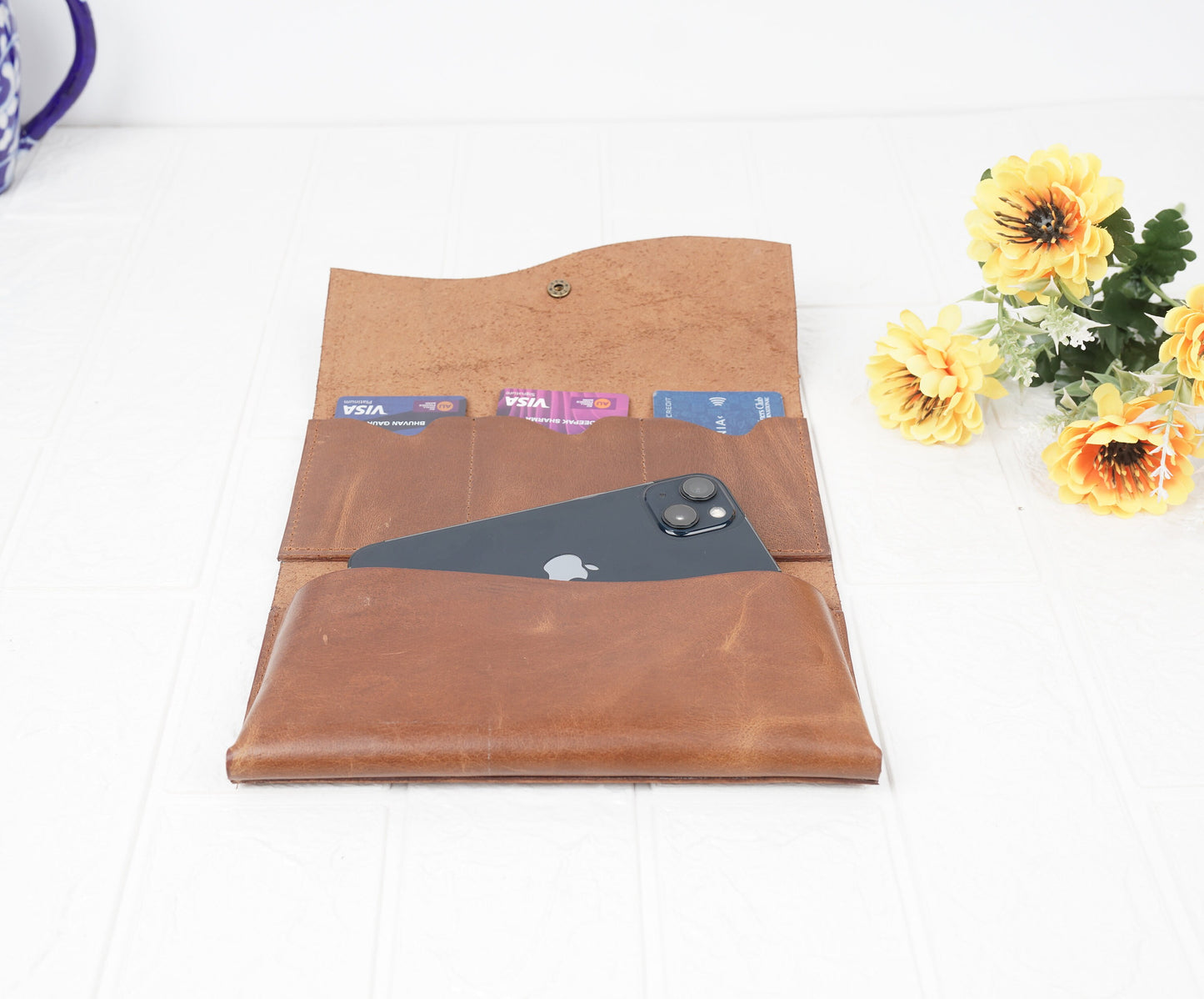 leather wallet For Women Trifold Purse with Phone Case and credit card holder Slot Handmade Leather Money Clip wallet For Mothers Day Gift