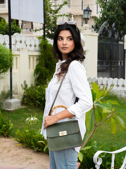 Luxury Leather Handbag Womens Leather Crossbody Bag Full Grain cowhide Purse Green Crocodile Pattern handmade leather bag with Bamboo Handle