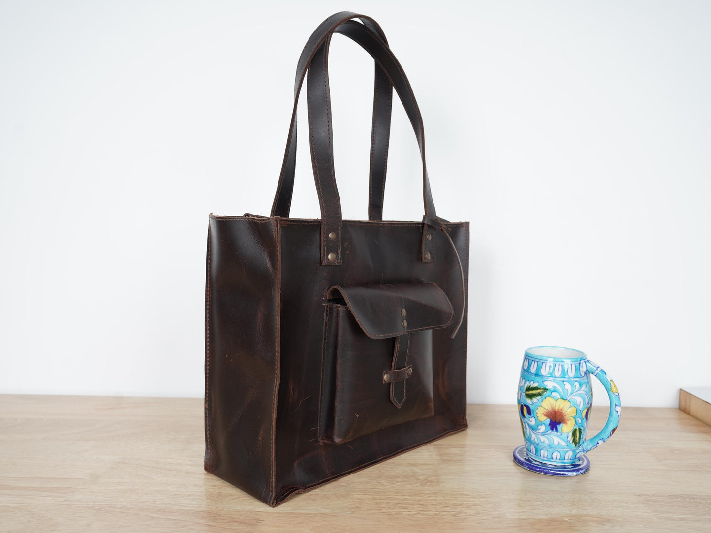 Ladies leather laptop bag large tote bag outside pocket classic women bag With long handle personalized Tote bag For Mom on Mothers Day Gift