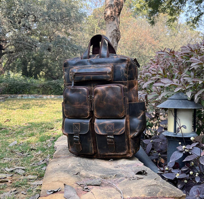 Leather Backpack Multi Pocket Large Rucksack Personalized Trekking Hiking Backpack laptop Daypack Valentines Day Gift Husband Boyfriend Love