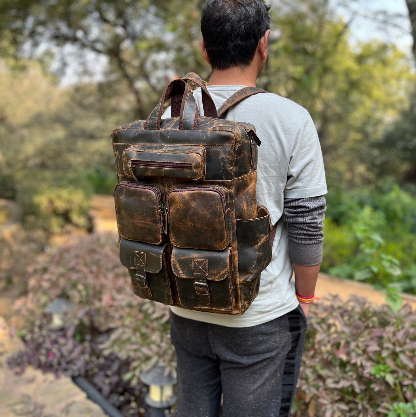 Leather Backpack Multi Pocket Large Rucksack Personalized Trekking Hiking Backpack laptop Daypack Valentines Day Gift Husband Boyfriend Love
