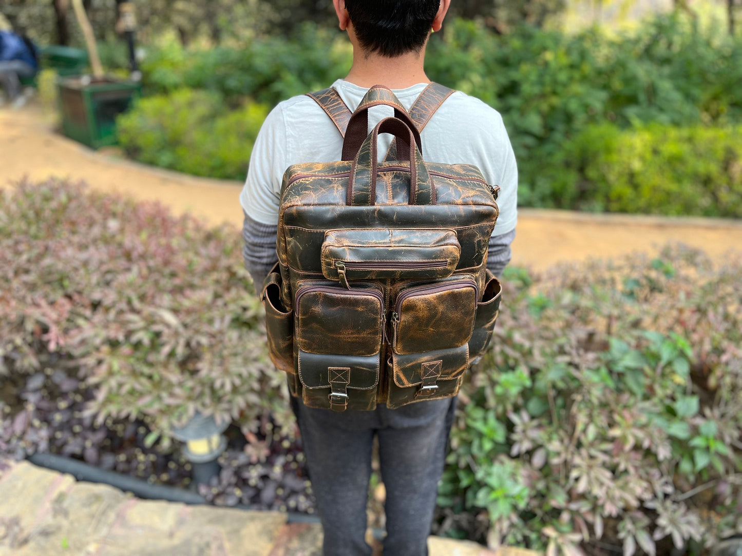 Leather Backpack Multi Pocket Large Rucksack Personalized Trekking Hiking Backpack laptop Daypack Valentines Day Gift Husband Boyfriend Love