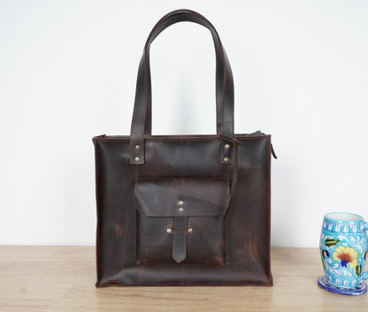 Ladies leather laptop bag large tote bag outside pocket classic women bag With long handle personalized Tote bag For Mom on Mothers Day Gift